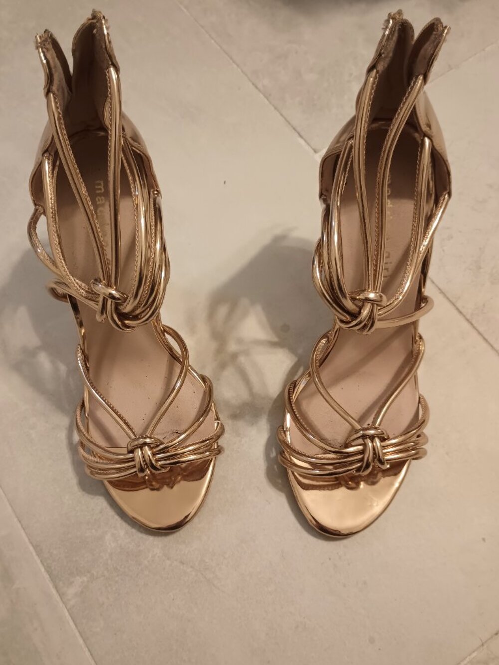 Madden Girl Sandal Stiletto High Heels Shiny Rose Gold Metallic Color Size 7